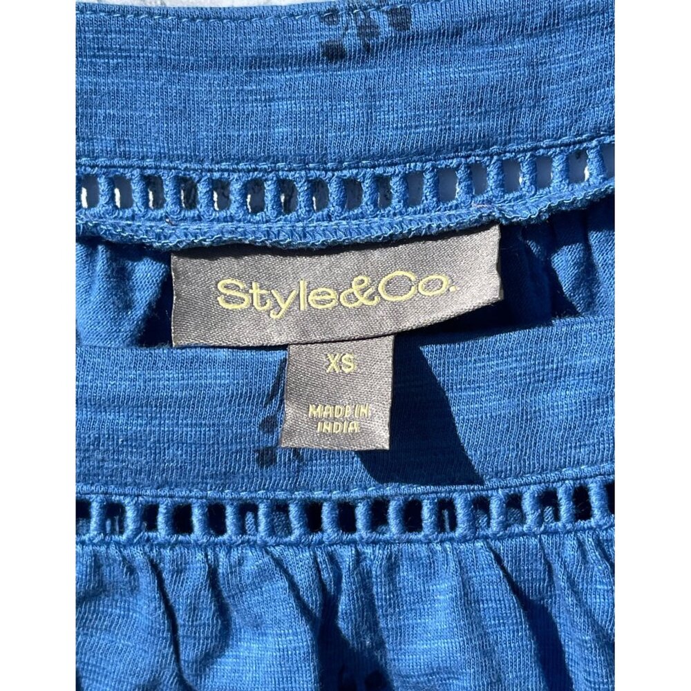 Style & Co Blue Tulip Top With Crochet Trim Short Sleeves Womens XS Cotton Modal - Picture 8 of 9